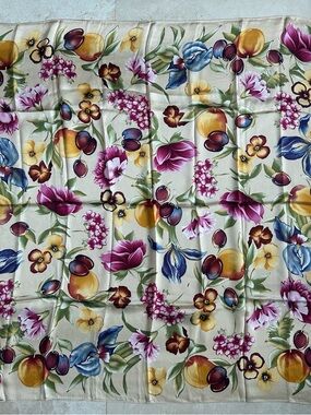 Talbots Cream 100% Silk Square Scarf with Multicolor Fruit & Floral Motif